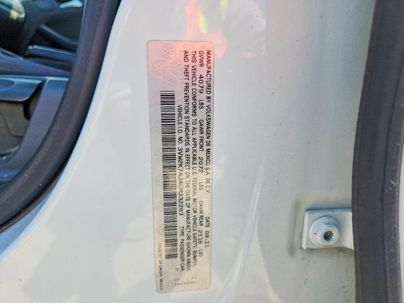 2012 Volkswagen Jetta მანქანა იყიდება აუქციონზე, vin: 3VW2K7AJ4CM332203, აუქციონის ნომერი: 53100986