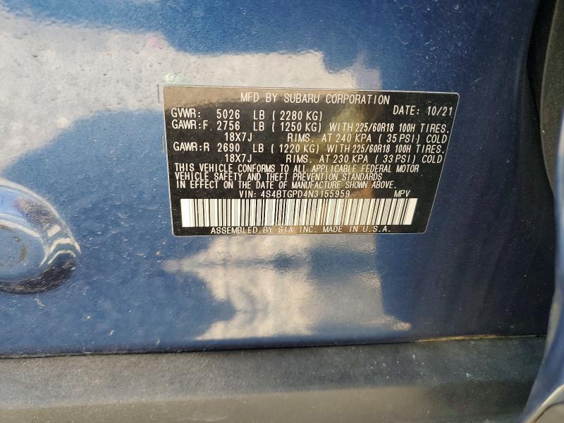 2022 Subaru Outback მანქანა იყიდება აუქციონზე, vin: 4S4BTGPD4N3155959, აუქციონის ნომერი: 54109616