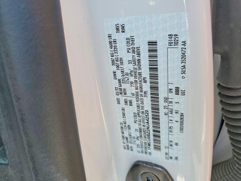 2022 Ford Escape მანქანა იყიდება აუქციონზე, vin: 1FMCU0BZ2NUA42520, აუქციონის ნომერი: 53440496