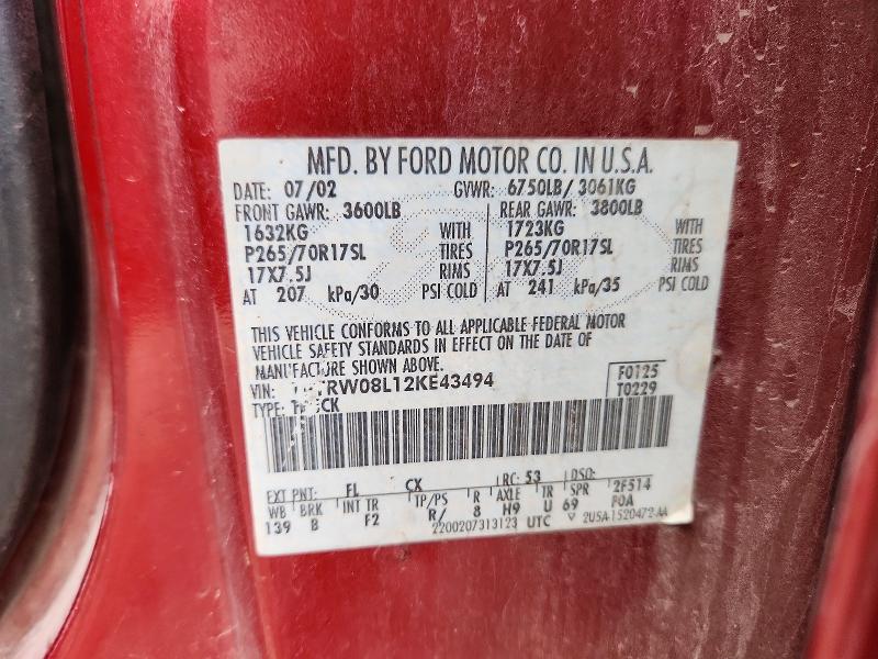 54435486 :رقم المزاد ، 1FTRW08L12KE43494 vin ، 2002 Ford F150 مزاد بيع
