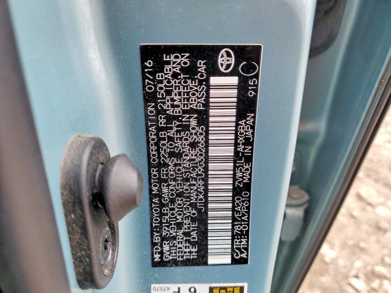 52510736 :رقم المزاد ، JTDKARFU9G3026805 vin ، 2016 Toyota Prius مزاد بيع