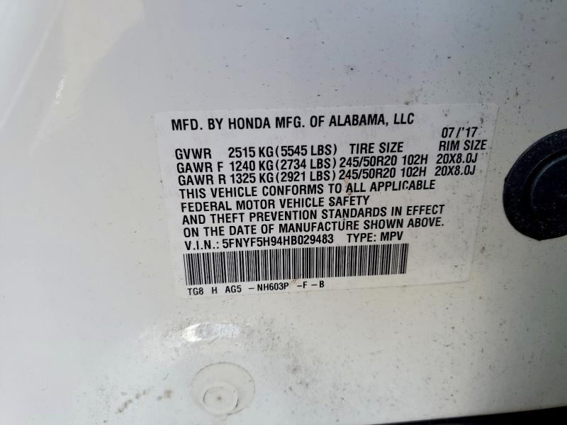 2017 Honda Pilot მანქანა იყიდება აუქციონზე, vin: 5FNYF5H94HB029483, აუქციონის ნომერი: 52608326