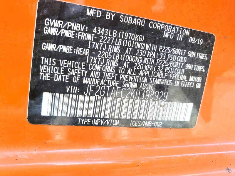 Продажа на аукционе авто 2019 Subaru Crosstrek, vin: JF2GTAEC2KH398929, номер лота: 54774986