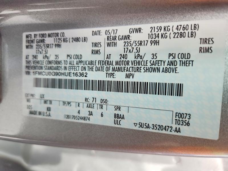 52821576 :رقم المزاد ، 1FMCU0G90HUE16362 vin ، 2017 Ford Escape مزاد بيع