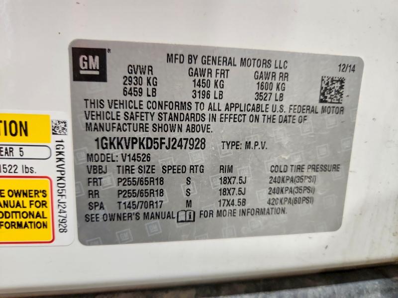 52940916 :رقم المزاد ، 1GKKVPKD5FJ247928 vin ، 2015 Gmc Acadia مزاد بيع