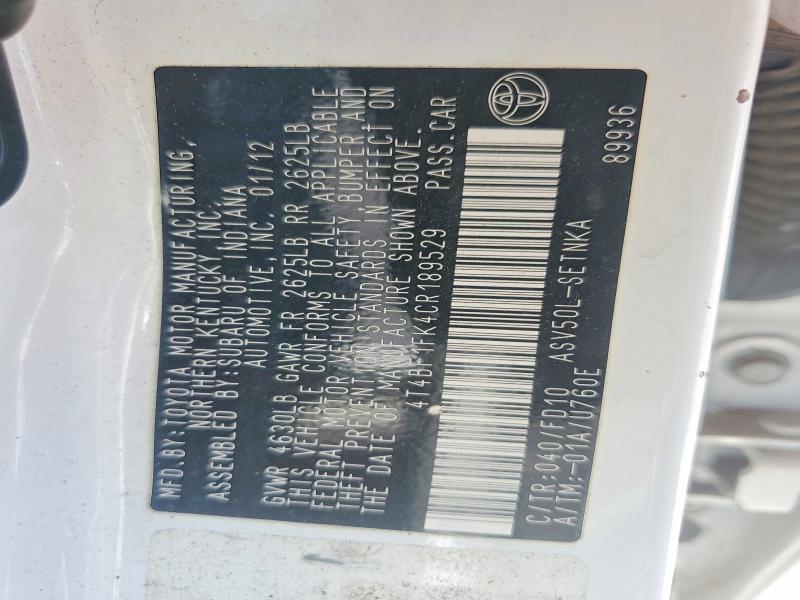 53694326 :رقم المزاد ، 4T4BF1FK4CR189529 vin ، 2012 Toyota Camry مزاد بيع