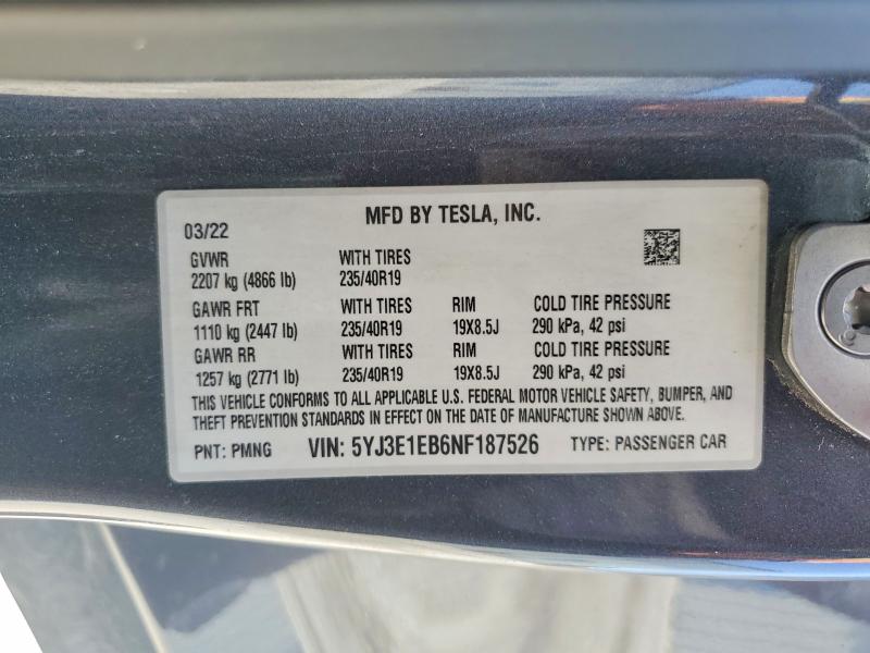 2022 Tesla Model 3 მანქანა იყიდება აუქციონზე, vin: 5YJ3E1EB6NF187526, აუქციონის ნომერი: 54891136
