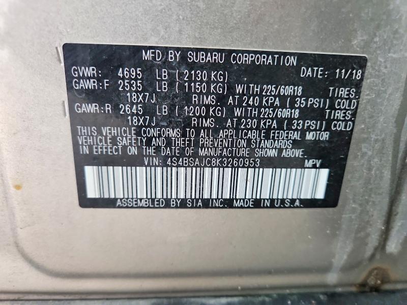 2019 Subaru Outback მანქანა იყიდება აუქციონზე, vin: 4S4BSAJC8K3260953, აუქციონის ნომერი: 53804496