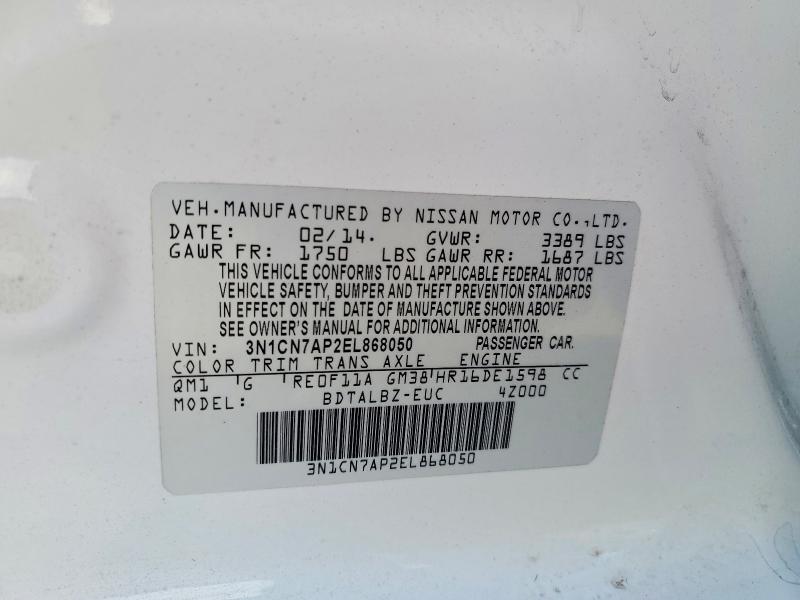 54743416 :رقم المزاد ، 3N1CN7AP2EL868050 vin ، 2014 Nissan Versa مزاد بيع