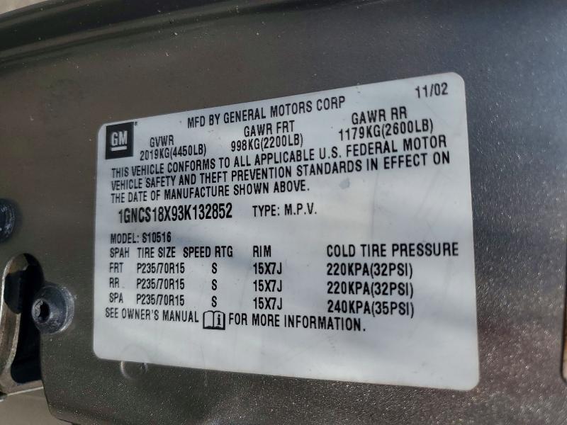 53737036 :رقم المزاد ، 1GNCS18X93K132852 vin ، 2003 Chevrolet Blazer مزاد بيع