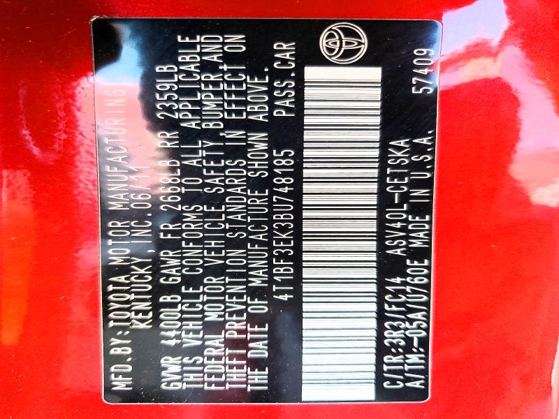 2011 Toyota Camry მანქანა იყიდება აუქციონზე, vin: 4T1BF3EK3BU748185, აუქციონის ნომერი: 52164446
