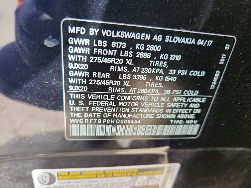 Aukcja sprzedaży 2017 Volkswagen Touareg, vin: WVGRF7BP0HD006454, numer aukcji: 53754266