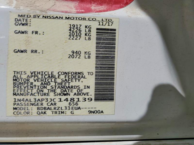 2018 Nissan Altima მანქანა იყიდება აუქციონზე, vin: 1N4AL3AP3JC148139, აუქციონის ნომერი: 54169716