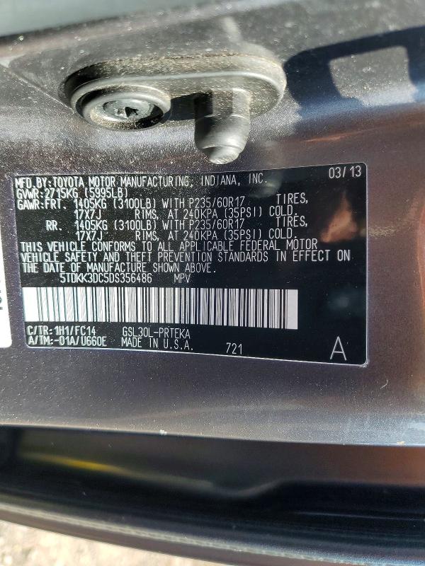 2013 Toyota Sienna მანქანა იყიდება აუქციონზე, vin: 5TDKK3DC5DS356486, აუქციონის ნომერი: 51970076