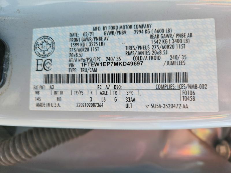 Продажа на аукционе авто 2021 Ford F150, vin: 1FTEW1EP7MKD49697, номер лота: 51872436
