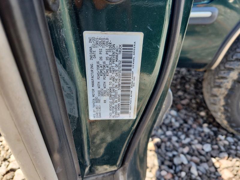 Продаж на аукціоні авто 2000 Toyota Tundra, vin: 5TBBT4418YS070762, номер лоту: 52518856