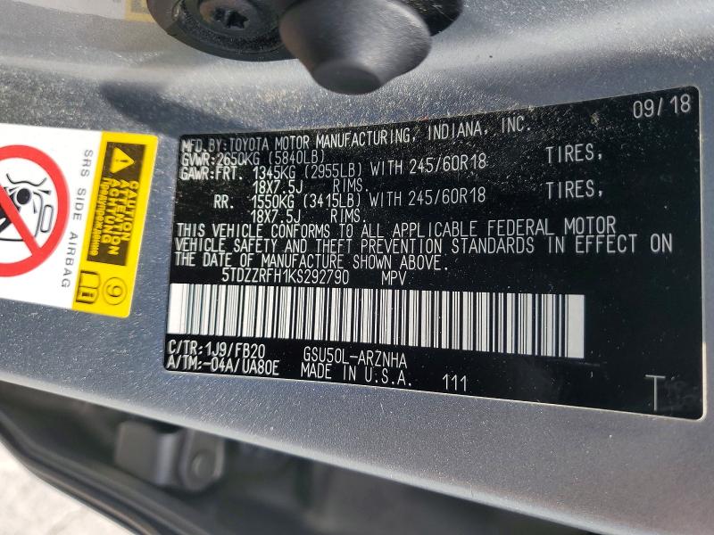 54895416 :رقم المزاد ، 5TDZZRFH1KS292790 vin ، 2019 Toyota Highlander مزاد بيع