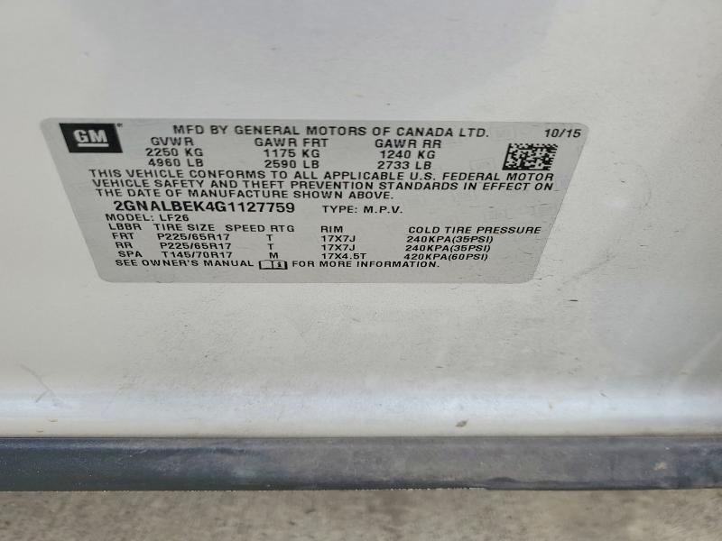 2016 Chevrolet Equinox მანქანა იყიდება აუქციონზე, vin: 2GNALBEK4G1127759, აუქციონის ნომერი: 53059226