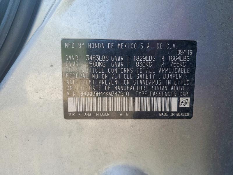 50942866 :رقم المزاد ، 3HGGK5H44KM747910 vin ، 2019 Honda Fit مزاد بيع