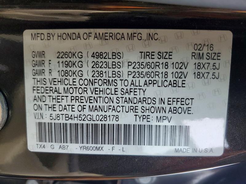 Aukcja sprzedaży 2016 Acura Rdx, vin: 5J8TB4H52GL028178, numer aukcji: 51616016