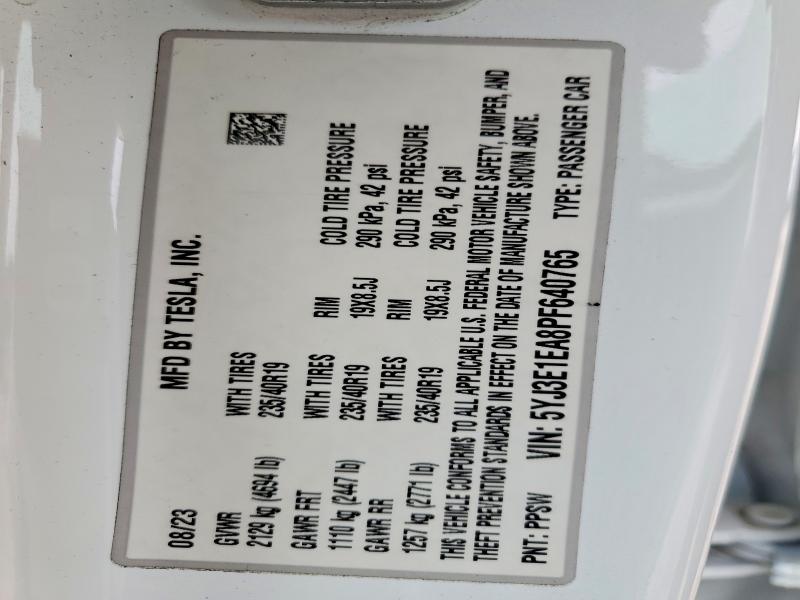 Продажа на аукционе авто 2023 Tesla 3, vin: 5YJ3E1EA8PF640765, номер лота: 52986666