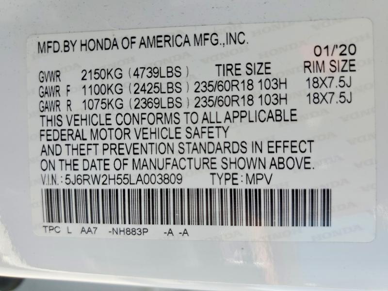 53707096 :رقم المزاد ، 5J6RW2H55LA003809 vin ، 2020 Honda Cr-v مزاد بيع