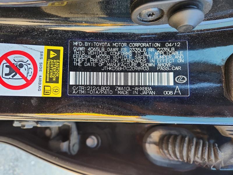 52040176 :رقم المزاد ، JTHKD5BH7C2098903 vin ، 2012 Lexus Ct مزاد بيع