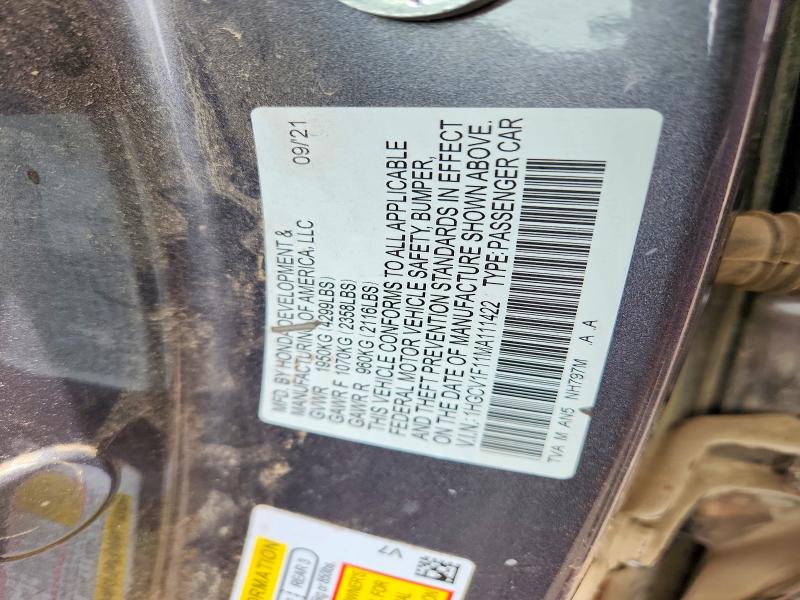 2021 Honda Accord მანქანა იყიდება აუქციონზე, vin: 1HGCV1F11MA111422, აუქციონის ნომერი: 52211576