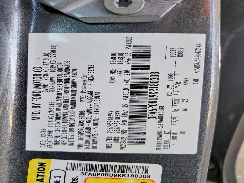 Продаж на аукціоні авто 2019 Ford Fusion, vin: 3FA6P0RU9KR180308, номер лоту: 53719166