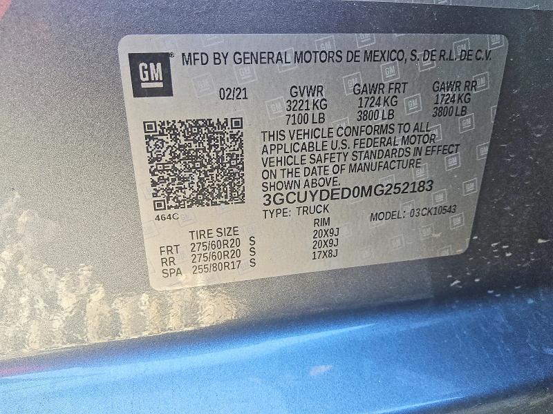 2021 Chevrolet Silverado მანქანა იყიდება აუქციონზე, vin: 3GCUYDED0MG252183, აუქციონის ნომერი: 52255726