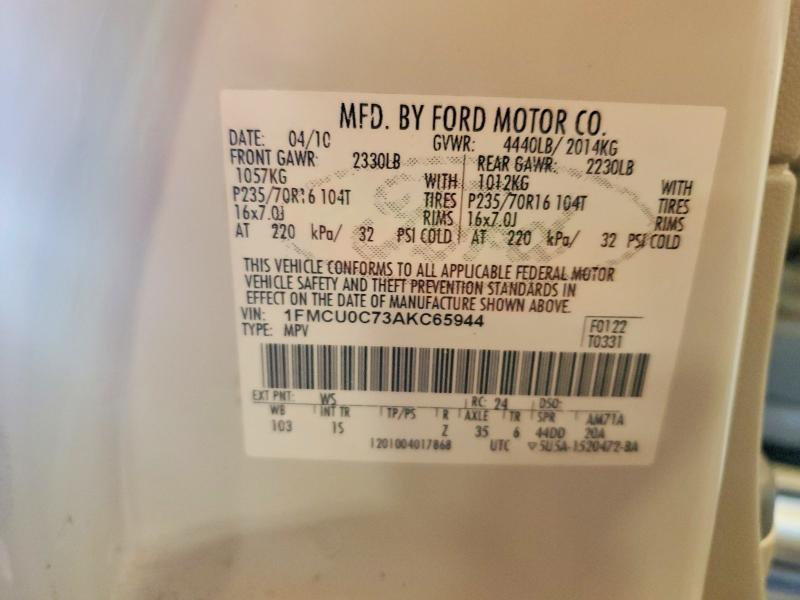 2010 Ford Escape მანქანა იყიდება აუქციონზე, vin: 1FMCU0C73AKC65944, აუქციონის ნომერი: 54084586
