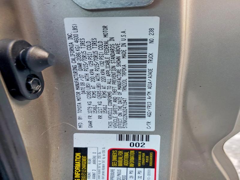 53132556 :رقم المزاد ، 5TENX22N18Z471947 vin ، 2008 Toyota Tacoma مزاد بيع