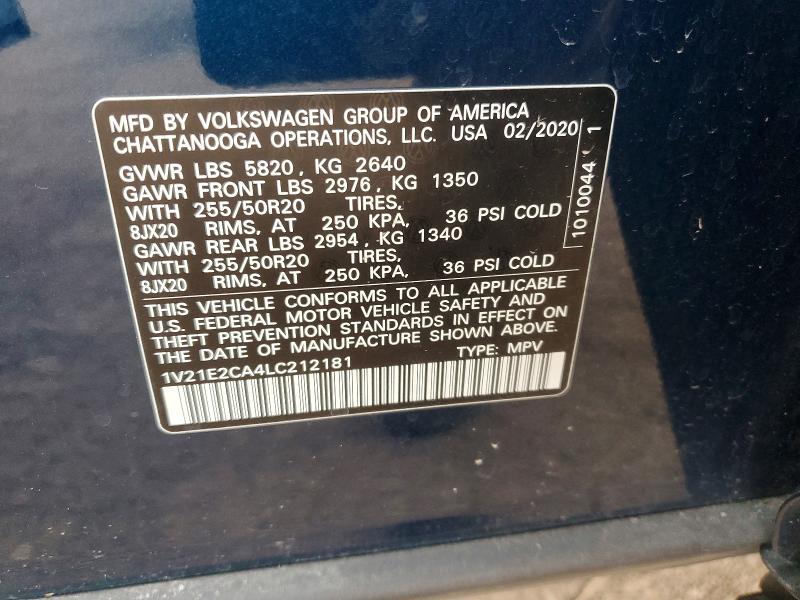 2020 Volkswagen Atlas Cross Sport მანქანა იყიდება აუქციონზე, vin: 1V21E2CA4LC212181, აუქციონის ნომერი: 52535136