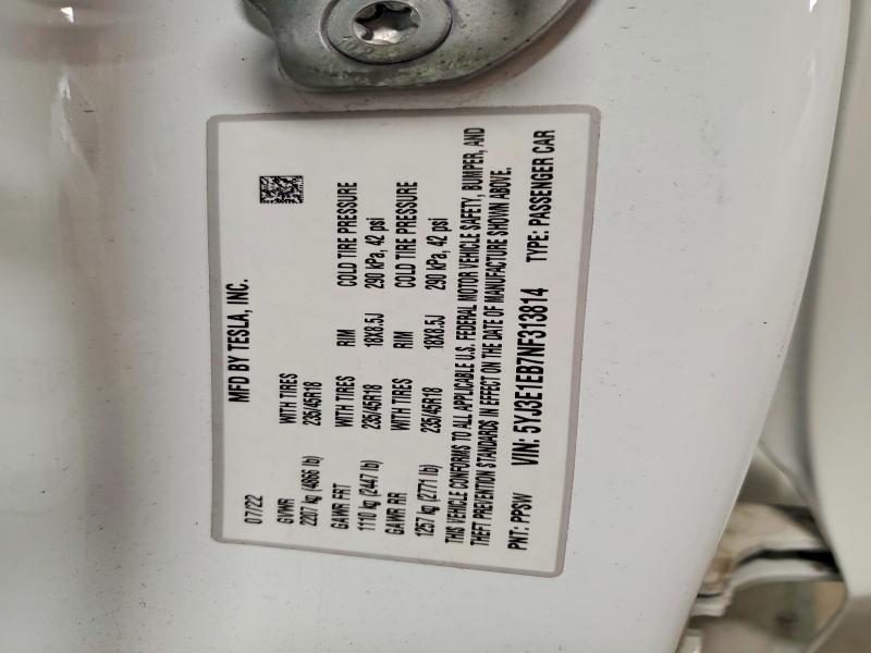 53419736 :رقم المزاد ، 5YJ3E1EB7NF313814 vin ، 2022 Tesla Model 3 مزاد بيع