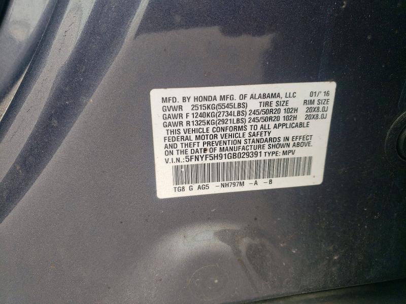 52206126 :رقم المزاد ، 5FNYF5H91GB029391 vin ، 2016 Honda Pilot مزاد بيع