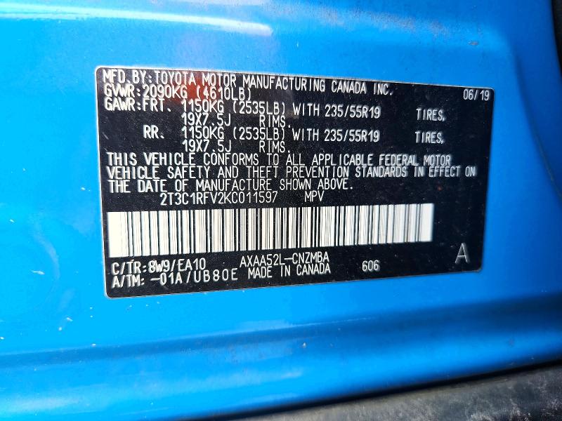 2019 Toyota Rav4 მანქანა იყიდება აუქციონზე, vin: 2T3C1RFV2KC011597, აუქციონის ნომერი: 52247866