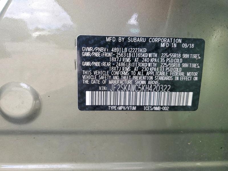 53984086 :رقم المزاد ، JF2SKAWC5KH420322 vin ، 2019 Subaru Forester مزاد بيع