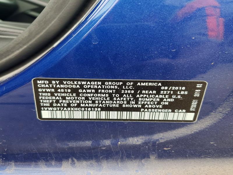 Продаж на аукціоні авто 2017 Volkswagen Passat, vin: 1VWGT7A3XHC016138, номер лоту: 55054046