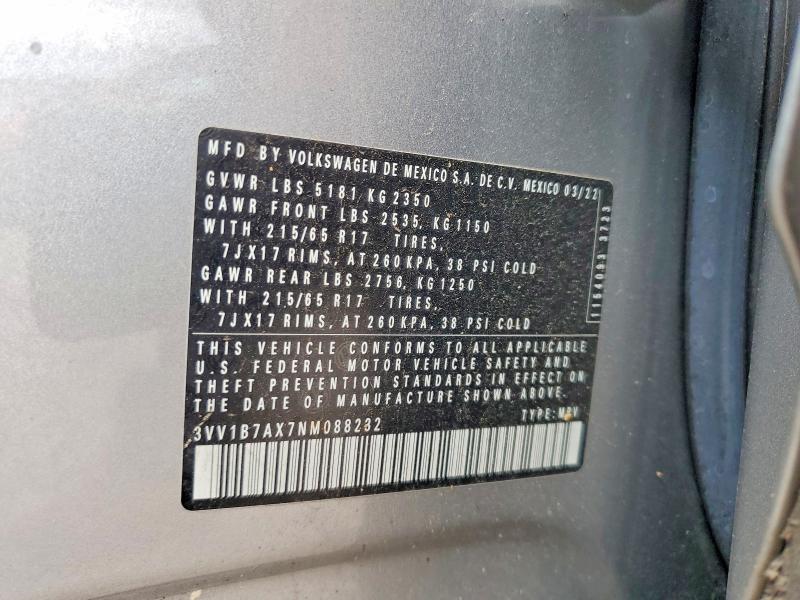 54295836 :رقم المزاد ، 3VV1B7AX7NM088232 vin ، 2022 Volkswagen Tiguan مزاد بيع