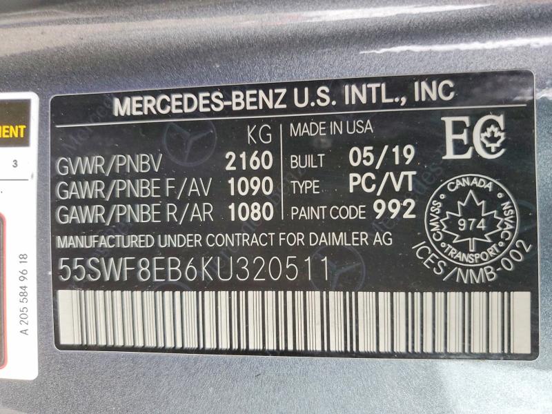 Aukcja sprzedaży 2019 Mercedes-benz C, vin: 55SWF8EB6KU320511, numer aukcji: 52886056