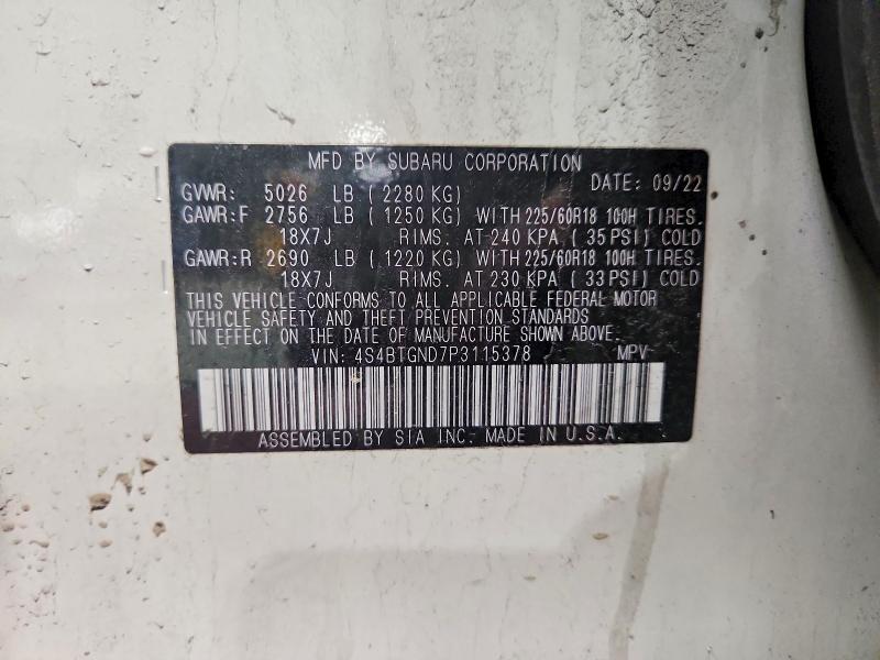 2023 Subaru Outback მანქანა იყიდება აუქციონზე, vin: 4S4BTGND7P3115378, აუქციონის ნომერი: 53247266