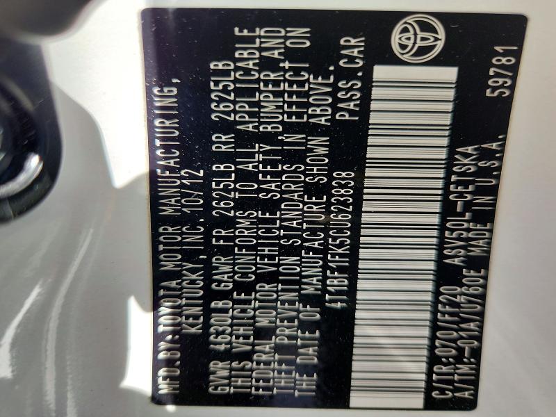 55438956 :رقم المزاد ، 4T1BF1FK5CU623838 vin ، 2012 Toyota Camry مزاد بيع