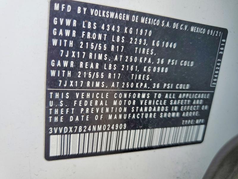 2022 Volkswagen Taos მანქანა იყიდება აუქციონზე, vin: 3VVDX7B24NM024909, აუქციონის ნომერი: 54218926