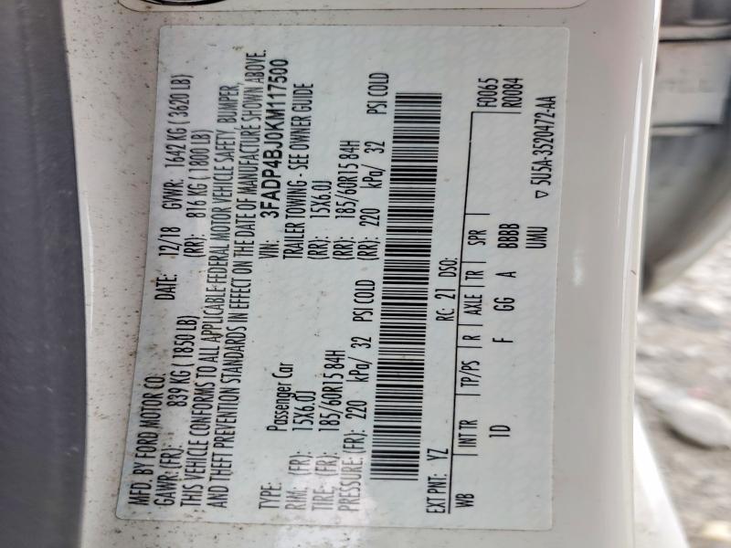52345376 :رقم المزاد ، 3FADP4BJ0KM117500 vin ، 2019 Ford Fiesta مزاد بيع