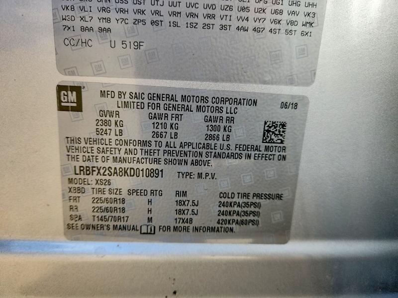 Продажа на аукционе авто 2019 Buick Envision, vin: LRBFX2SA8KD010891, номер лота: 54173906