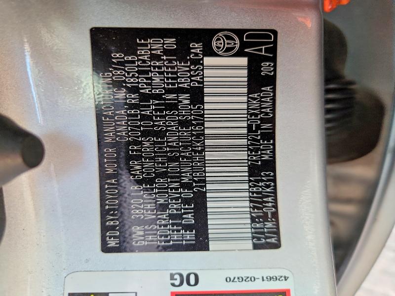 Продаж на аукціоні авто 2019 Toyota Corolla, vin: 2T1BURHE4KC161705, номер лоту: 55305836