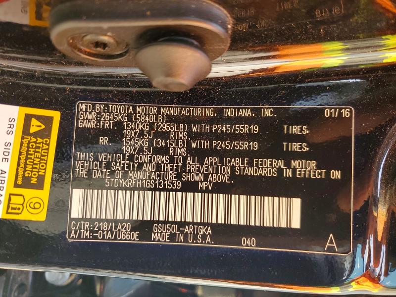 Aukcja sprzedaży 2016 Toyota Highlander, vin: 5TDYKRFH1GS131539, numer aukcji: 52860486