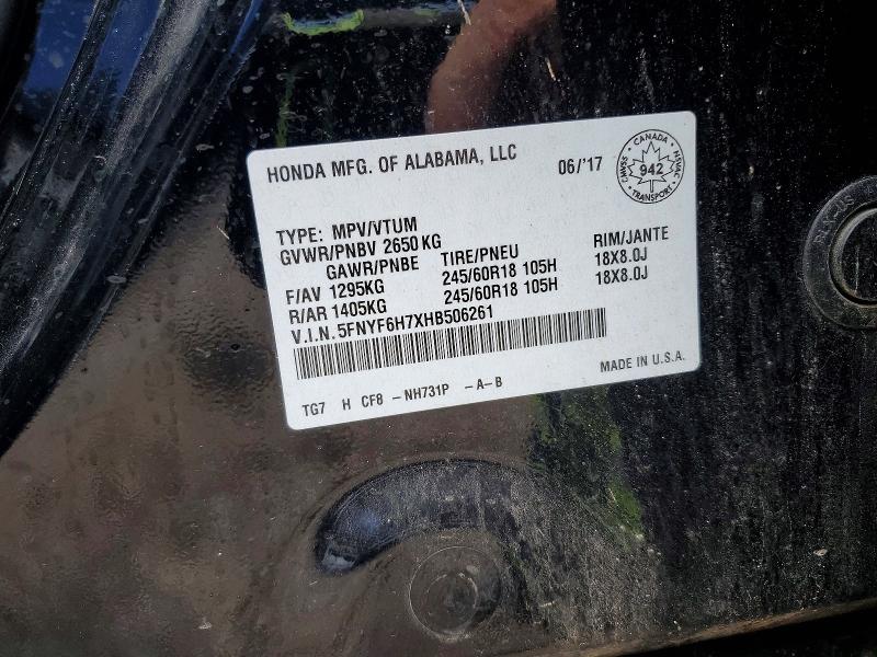 Aukcja sprzedaży 2017 Honda Pilot, vin: 5FNYF6H7XHB506261, numer aukcji: 53752886