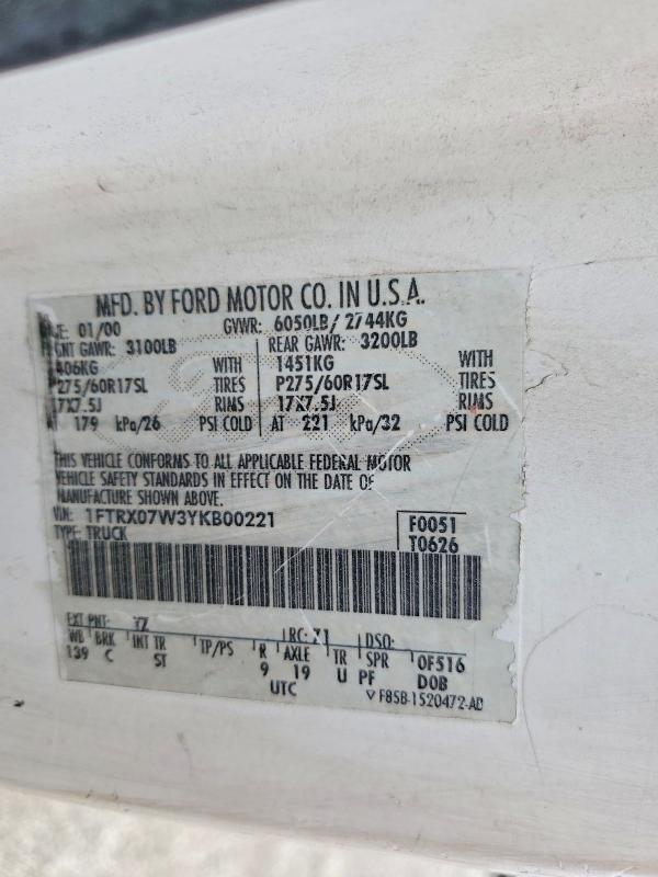 Aukcja sprzedaży 2000 Ford F150, vin: 1FTRX07W3YKB00221, numer aukcji: 55490756