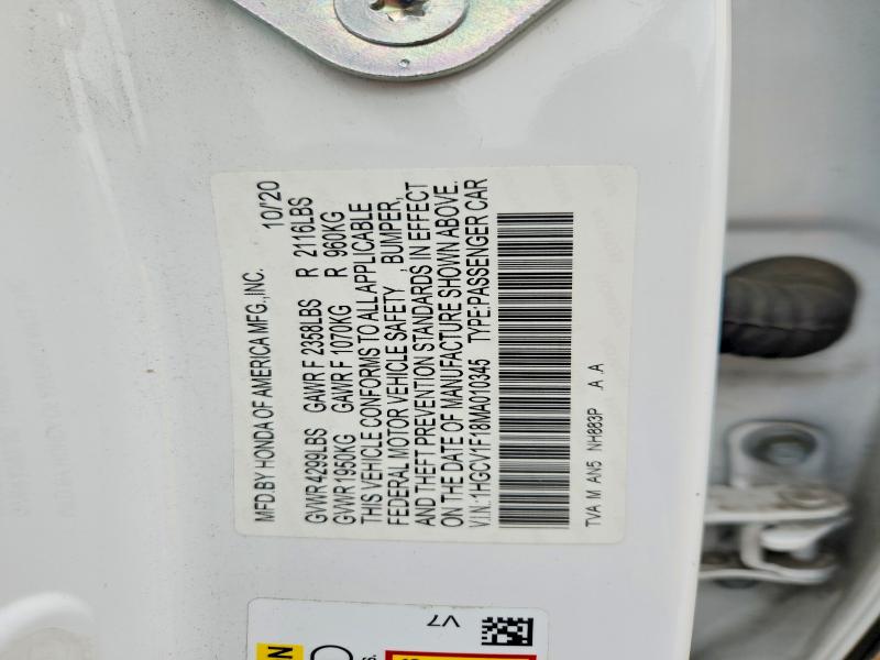 Продажа на аукционе авто 2021 Honda Accord, vin: 1HGCV1F18MA010345, номер лота: 53352476